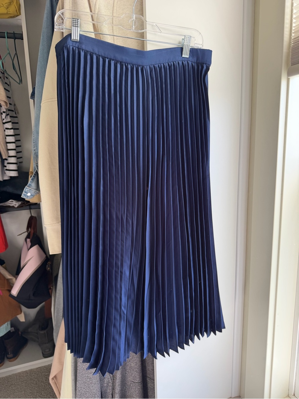 J Crew Pleated Satin Navy Midi Skirt